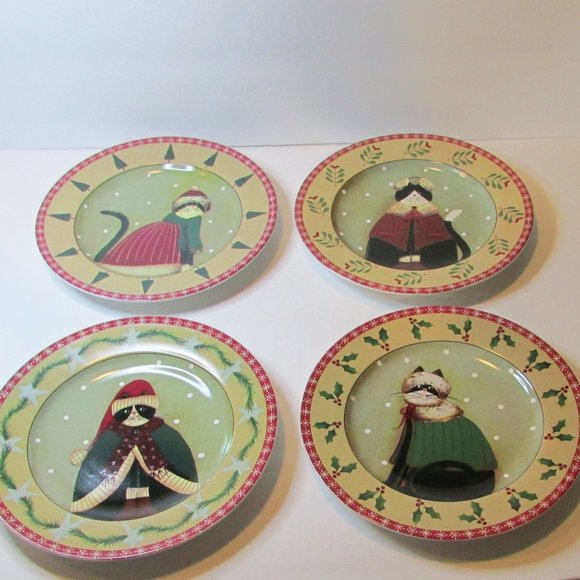 Other - set of 4 Oneida Holiday Cat Plates black white kitty winter outfits Christmas